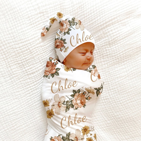 PERSONALIZED VINTAGE Floral Swaddle Blanket Newborn Baby Girl Coming Home Outfit Name Baby Blanket Baby Shower Gift Hospital Photo Outfit  —