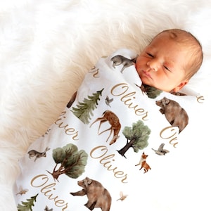 Woodland Forest Animals Baby Blanket with Name PERSONALIZED Baby Shower Gift, Newborn Custom Baby Boy Announcement, Monogrammed Name Swaddle