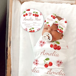 PINK CHERRY Swaddle Blanket PERSONALIZED Newborn Baby Girl Coming Home Outfit Cherry Blossom Blanket Baby Shower Gift Hospital Photo Outfit