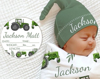 Green Tractor Birth Stat Sign Gift Set - Personalized Announcement Sign Baby Boy Farmer Baby Shower Gift Baby Boy Coming Home Outfit for Boy