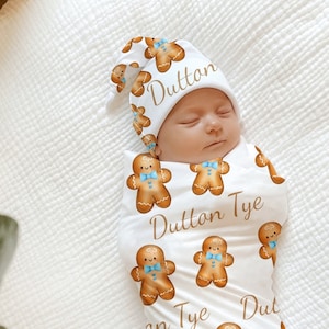 BABY BOY Christmas Cookie Swaddle Gingerbread Blue Personalized Newborn Hospital Blanket Christmas Name Reveal Baby Boy Coming Home Outfit
