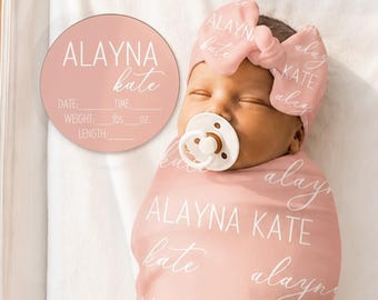 Trendy Personalized Baby Girl Swaddle Set – Going Home Outfit Baby Gown Knotted Hat Headband, Baby Shower Gift Set Baby Boy Outfit Set