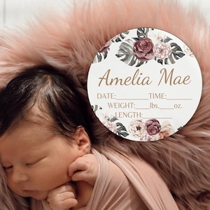 Baby Name Announcement Sign Baby Name Sign - PURPLE FLORAL Birth Stat Sign Gift Set - Baby Wood Round Baby Shower Gift Hospital Name Reveal