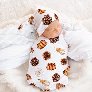 FALL Pumpkin Swaddle Blanket Newborn Gender Neutral Coming Home Outfit Thanksgiving Pinecone Halloween Baby Shower Gift Hospital Hat