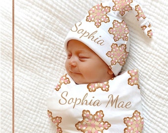 BABY GIRL Christmas Cookie Swaddle Blanket Personalized Pink Hospital Blanket Christmas Baby Name Outfit  Baby Girl Coming Home Outfit
