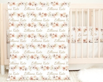 PERSONALIZED Baby Girl Crib Bedding Set Nursery Neutral Boho Floral Personalized Crib Sheet Minky Blanket Baby Shower Gift Set