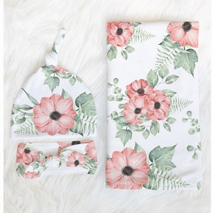 SOFT PINK FLORAL Swaddle Blanket Headband Hat Set Pink Baby Shower Gift Hospital Newborn Photos Prop Baby Girl Take Home Outfit Hospital