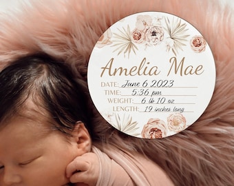 Baby Stat Sign - Floral Custom Round Wood Baby Name Sign Wooden Baby Name Announcement , Girl Personalized Shower Gift Swaddle Hat Headband