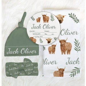 Highland Cow Baby Birth Stat Sign Gift Set - Personalized Birth Announcement Plaque Birth Stat Baby Shower Name Announcement Sign Cowboy