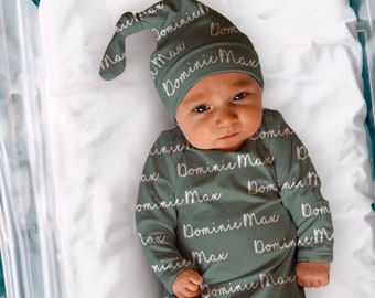 NAME BABY GOWN -Baby Boy Swaddle Knotted Hat Set Personalized Newborn Baby Boy Coming Home Outfit Hospital Photo Receiving Blanket Baby Girl