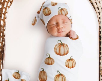 PUMPKIN SWADDLE Blanket Baby Boy Girl Coming Home Outfit Gender Neutral Present Baby Shower Gift Orange Halloween Fall Autumn Hat