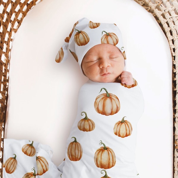 PUMPKIN SWADDLE Blanket Baby Boy Girl Coming Home Outfit Gender Neutral Present Baby Shower Gift Orange Halloween Fall Autumn Hat
