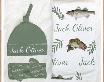 Fish Baby Boy Blanket Hat -Personalized Baby Shower Gift Hospital Custom Name Announcement Fisherman Coming Home Outfit Fishing Baby Swaddle