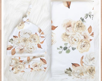 BOHO Floral Swaddle Decke Neugeborene Baby Mädchen Take Home Outfit Blumen Baby Shower Geschenk Krankenhaus Foto Outfit Boho Swaddle Decke Creme Rosen