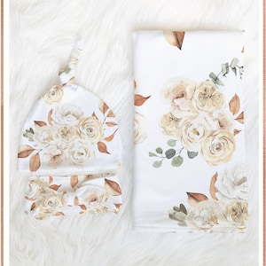 BOHO Floral Swaddle Blanket Newborn Baby Girl Take Home Outfit Flower Baby Shower Gift Hospital Photo Outfit Bohemian Swaddle Cream Roses