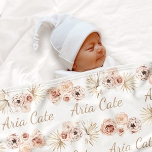 BOHO FLORAL Blanket, PERSONALIZED Baby Shower Gift, Vintage Newborn Boho Custom Baby Name Blanket, Monogrammed Name Announcement Swaddle Hat