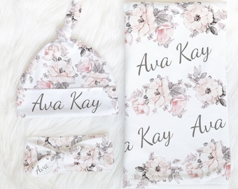 BABY NAME Swaddle Hat Headband Purple Personalized Pink Floral Swaddle Blanket Newborn Girl Coming Home Outfit Baby Shower Gift Hospital