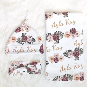 PERSONALIZED PURPLE Floral Swaddle Blanket PINK Newborn Baby Girl Coming Home Outfit Name Baby Blanket Shower Gift Hospital Photo Outfit