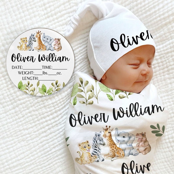 Safari Animal Baby Blanket / Swaddle Hat Animal Baby PERSONALIZED Baby Shower Gift Set Newborn Baby Boy Coming Home Outfit Hospital Photo