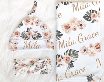 BABY NAME SWADDLE Blanket Personalized Boho Floral Custom Baby Girl Personalized Shower Gift Baby Girl Going Home Outfit Hospital Photo