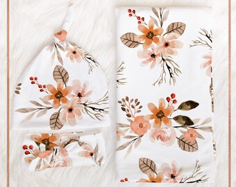 PEACH FLORAL SWADDLE Floral  Swaddle Blanket Set Pink Peach Baby Girl Gift Set Newborn Baby Girl Coming Home Outfit Hospital Photo
