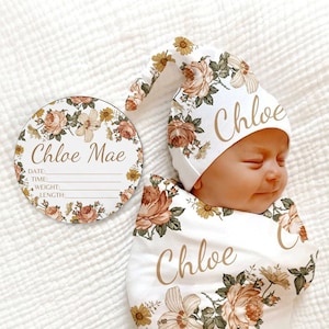 Vintage Floral Baby Birth Stat Sign Gift Set - Personalized Birth Announcement Plaque Birth Stat for Girl Baby Shower Name Announcement Sign