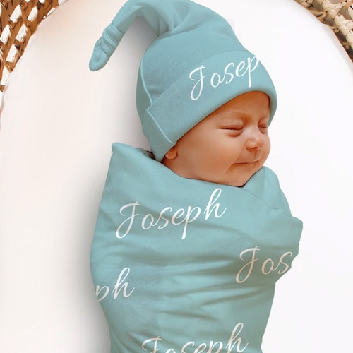 BABY NAME Swaddle Blanket Personalized Hat Newborn Boy Baby Etsy