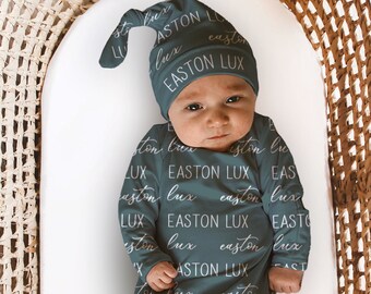 BABY NAME SWADDLE -Baby Boy Gown Knotted Hat Set Personalized Newborn Baby Boy Coming Home Outfit Hospital Photo Receiving Blanket Girl