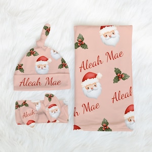 BABY GIRL SANTA Swaddle Blanket Personalized Pink Christmas Newborn Girl Hospital Blanket Baby Name Outfit Baby Girl Coming Home Outfit