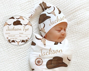 COWBOY Hat Name Blanket Baby Boy Personalized Shower Gift Cow Swaddle Newborn Ranch Coming Home Outfit Hospital Cowboy Boots Hat Deer Set