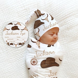 COWBOY Hat Name Blanket Baby Boy Personalized Shower Gift Cow Swaddle Newborn Ranch Coming Home Outfit Hospital Cowboy Boots Hat Deer Set