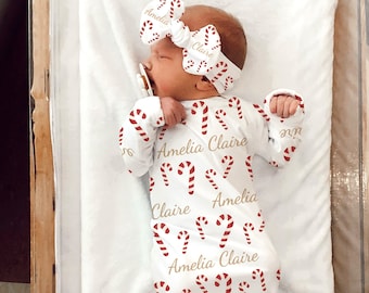 CHRISTMAS BABY GOWN, Candy Cane Name Announcement Baby Name Reveal Personalized Baby Shower Gift Hospital Going Home Outfit Swaddle Blanket