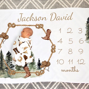 COWBOY Milestone Blanket PERSONALIZED Baby BOY Monthly Ranch Month Western Custom Age Growth New Mom Baby Shower Gift Neutral Boho Minky