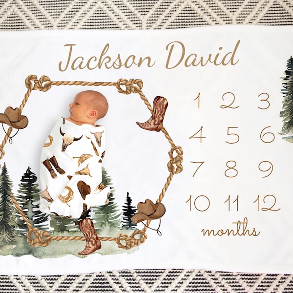 COWBOY Milestone Blanket PERSONALIZED Baby BOY Monthly Ranch Month Western Custom Age Growth New Mom Baby Shower Gift Neutral Boho Minky