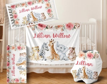 Pink Floral Safari Crib Bedding Set - Personalized Baby Girl Blanket Baby Girl Safari Crib Sheet Safari Animal Nursery Set  Elephant Bedding
