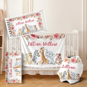 Pink Floral Safari Crib Bedding Set - Personalized Baby Girl Blanket Baby Girl Safari Crib Sheet Safari Animal Nursery Set  Elephant Bedding