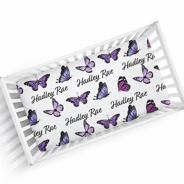 PURPLE BUTTERFLY Crib Sheet Nursery Crib Bedding Set Personalized Baby Shower Gift Girl Swaddle Blanket Changing Pad Cover Car Seat Cover