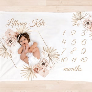 PERSONALIZED GIRL BABY Milestone Blanket Girl Pink Flower Monthly Floral Month Custom Age Growth New Mom Baby Shower Gift Neutral Boho Minky