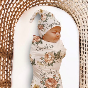 BABY NAME PINK Floral Swaddle Blanket Newborn Personalized Baby Girl Coming Home Outfit Baby Blanket Baby Shower Gift Hospital Photo Outfit