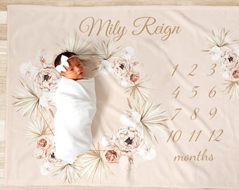 PERSONALIZED GIRL BABY Milestone Blanket Girl Pink Flower Monthly Floral Month Custom Age Growth New Mom Baby Shower Gift Neutral Boho Minky