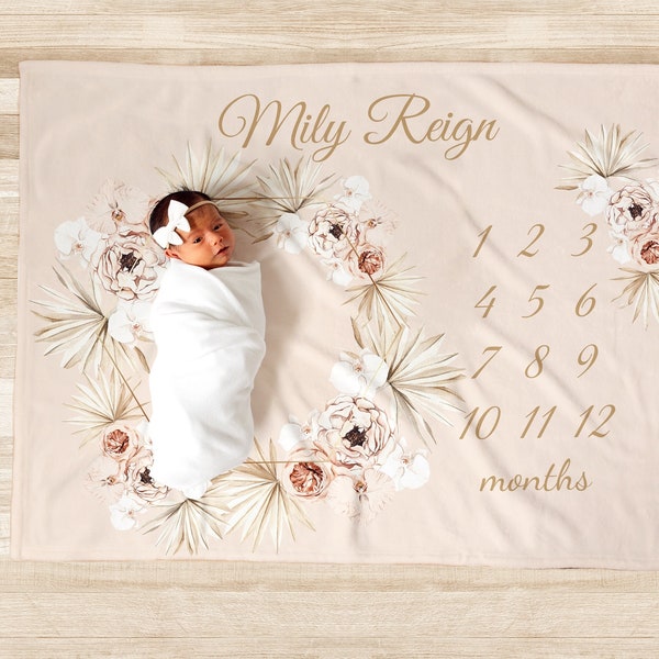 PERSONALIZED GIRL BABY Milestone Blanket Girl Pink Flower Monthly Floral Month Custom Age Growth New Mom Baby Shower Gift Neutral Boho Minky