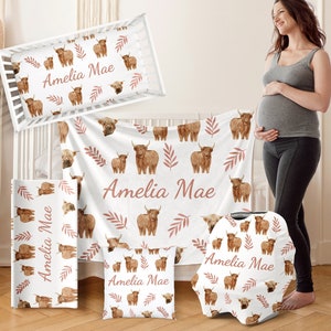 HIGHLAND COW Nursery Set Crib Bedding COWGIRL Baby Blanket Girl Personalized Baby Shower Gift Western Baby Girl Crib Set Name Announcement