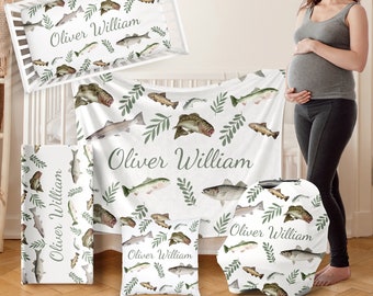 FISHING Nursery Crib Bedding Set Personalized Baby Shower Gift Boy Blanket Fitted Crib Sheet Changing Pad Cover Car Seat Cover Pillow Set