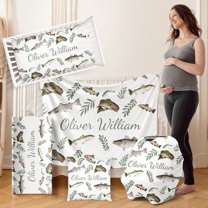 FISHING Nursery Crib Bedding Set Personalized Baby Shower Gift Boy Blanket Fitted Crib Sheet Changing Pad Cover Car Seat Cover Pillow Set