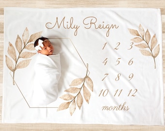 PERSONALIZED GIRL BABY Milestone Blanket Girl Gold Monthly Floral Month Custom Age Growth New Mom Baby Shower Gift Neutral Boho Minky