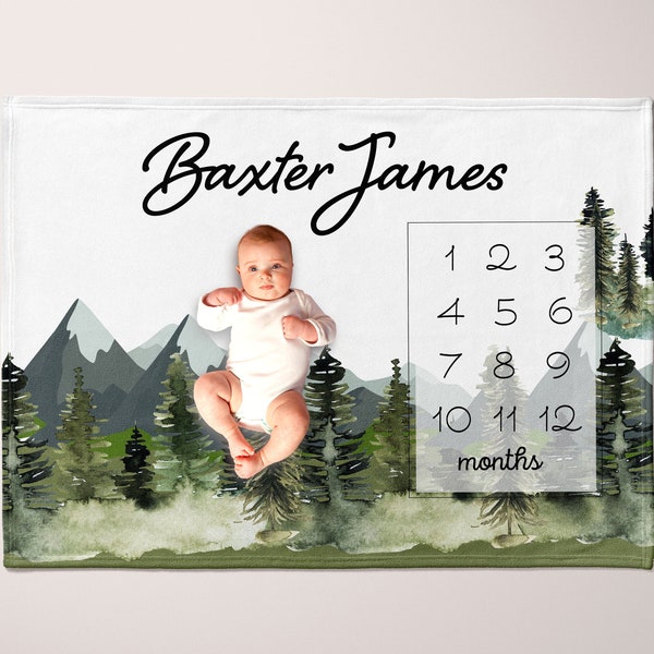 BABY BOY Monthly Milestone Blanket Personalized Month Blanket Photo Blanket Baby Blanket with Name Baby Shower Gift, Woodland Mountains