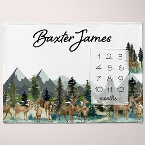 Deer MOUNTAINS Milestone Blanket BABY BOY Baby Shower Gift Monthly Growth Tracker Personalized Blanket Custom Woodland Gift Month Adventure