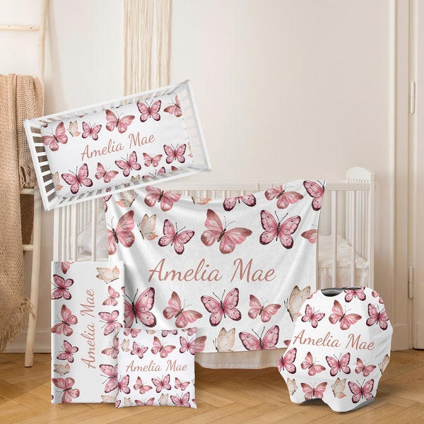 PINK BUTTERFLY Nursery Crib Bedding Set Personalized Baby Shower Gift Girl Blanket Crib Sheet Changing Pad Cover Car Seat Cover Baby Bedding