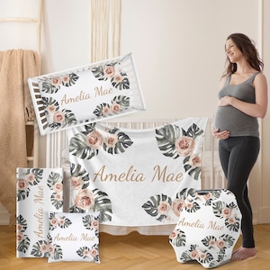 PERSONALIZED Baby Girl Crib Bedding Nursery Neutral Boho Floral Personalized Crib Sheet Custom Baby Shower Gift Set Tropical Name Blanket