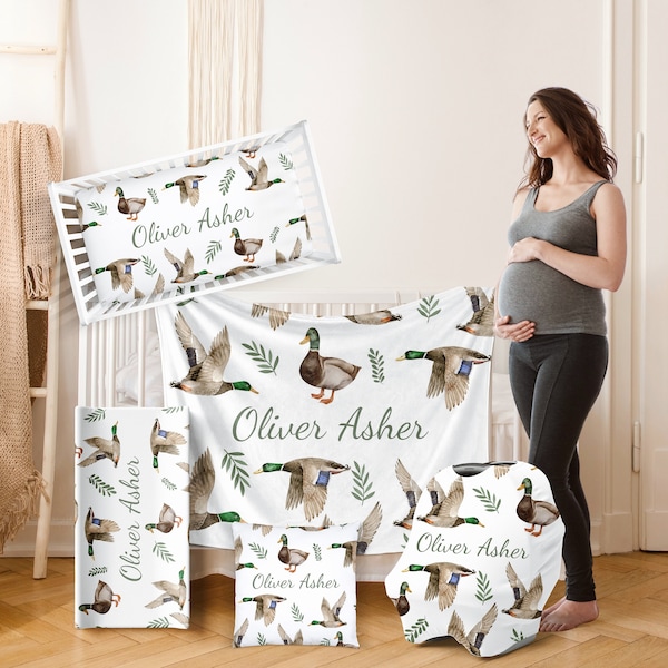 MALLARD DUCK Nursery Crib Bedding Set Personalized Baby Shower Gift Boy Blanket Fitted Crib Sheet Changing Pad Cover Car Seat Cover Pillow